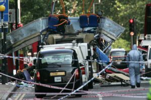 Image of the badly destroyed bus following the bombing in Tavistock Square.