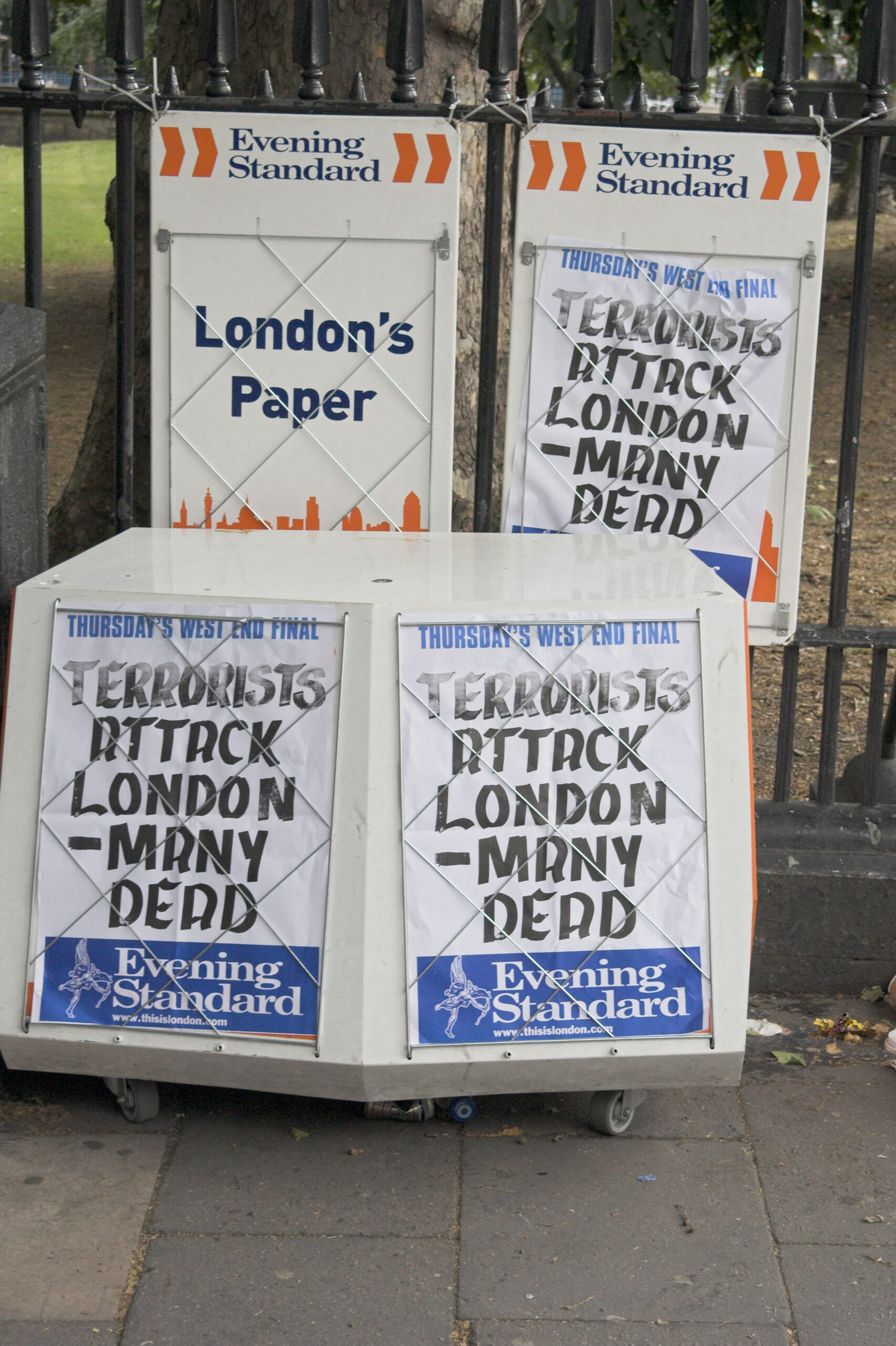 Newspapers stands from the London Evening standard reporting the terrorist attacks on 7/7/05